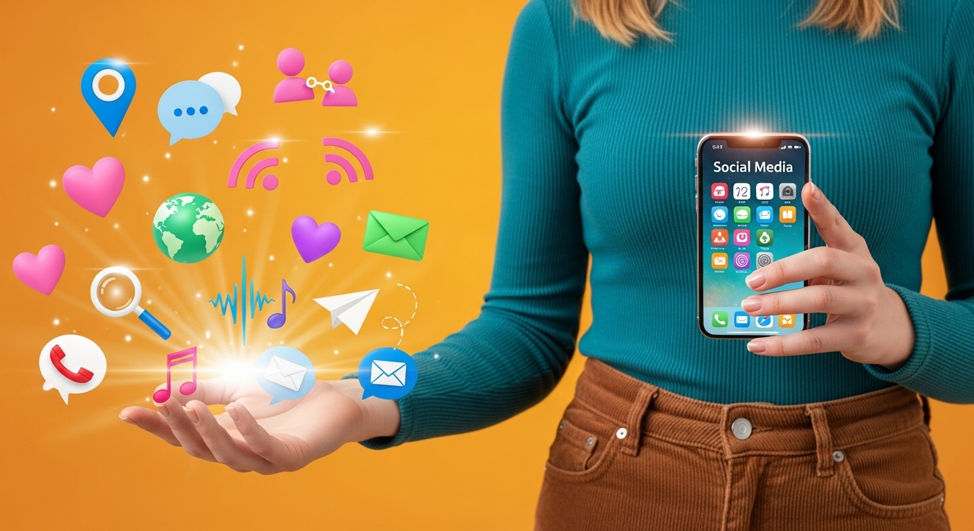 Ganhar Seguidores no Instagram: Estratégias Pagas x Orgânicas 1 Mulher segurando um smartphone com aplicativos de redes sociais enquanto ícones digitais flutuam ao redor, representando estratégias modernas para ganhar seguidores no Instagram de forma criativa e eficaz.