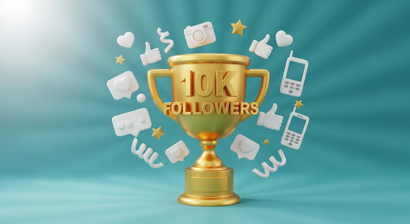 Como Conquistar 10 Mil Seguidores no Instagram: Estratégias para Atingir Seu Objetivo 2 Um design vibrante e moderno destaca um troféu dourado com os dizeres "10K FOLLOWERS", cercado por ícones de redes sociais como curtidas, seguidores e câmeras. A imagem representa a conquista de 10 mil seguidores no Instagram, um marco importante para influenciadores e marcas em crescimento.