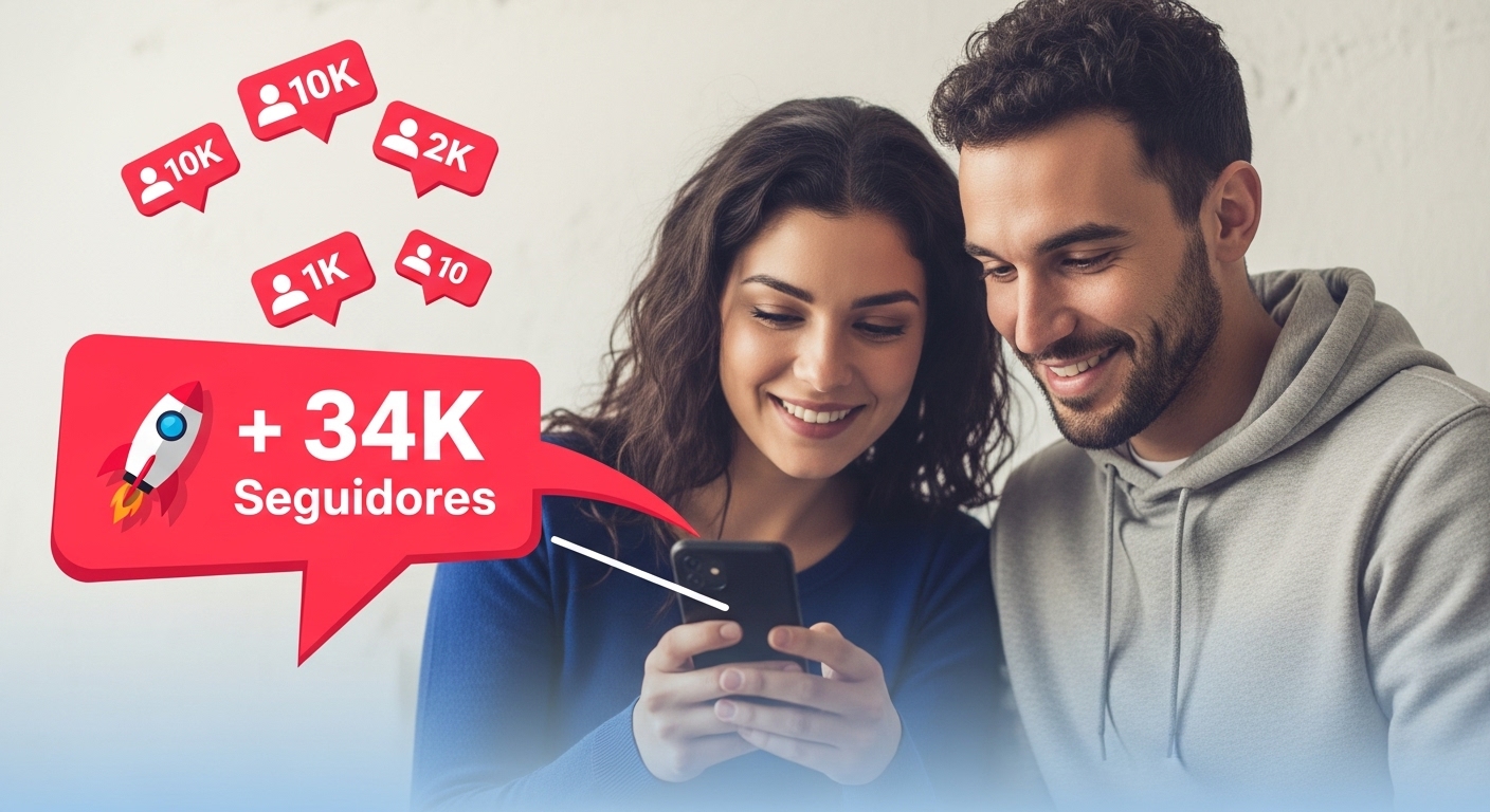Um casal sorridente está olhando para um celular, enquanto vários ícones de seguidores surgem acima da tela, mostrando números como "10K", "2K" e "1K". Na parte inferior da imagem, um balão vermelho com um ícone de foguete exibe a mensagem "+34K Seguidores". Essa imagem sugere a satisfação de comprar seguidores para aumentar a popularidade no Instagram.