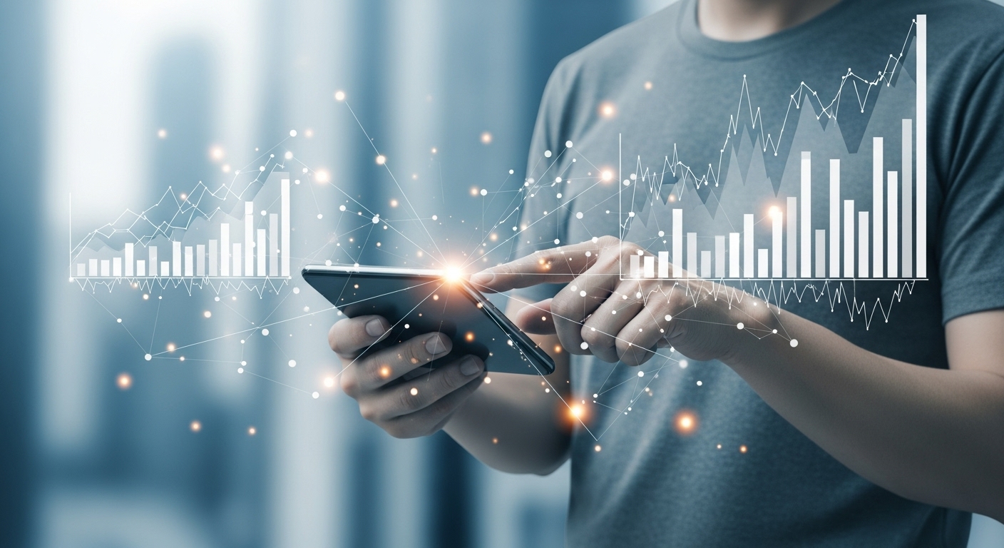 Uma pessoa segura um smartphone, enquanto gráficos de crescimento e conexões digitais aparecem sobre a tela. O conceito de análise de métricas e aumento da audiência está presente, reforçando a importância de comprar seguidores para impulsionar o alcance no Instagram.