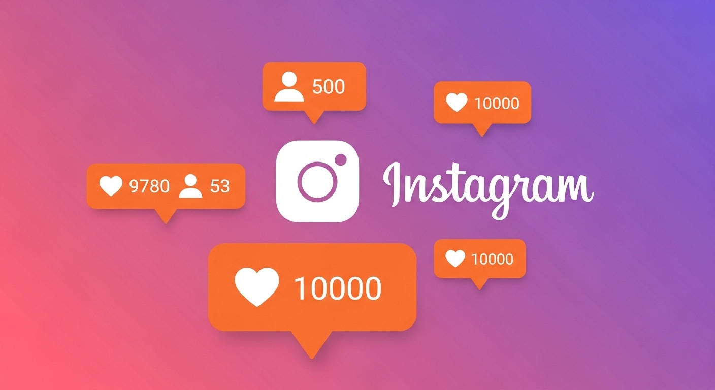 Um fundo degradê do Instagram com várias notificações em laranja, destacando números como “10.000 curtidas”, “500 seguidores” e “97 curtidas, 80 seguidores e 53 comentários”. O logotipo do Instagram está no centro da imagem. Essa composição visual remete à ideia de comprar seguidores e curtidas para turbinar a presença digital na plataforma.