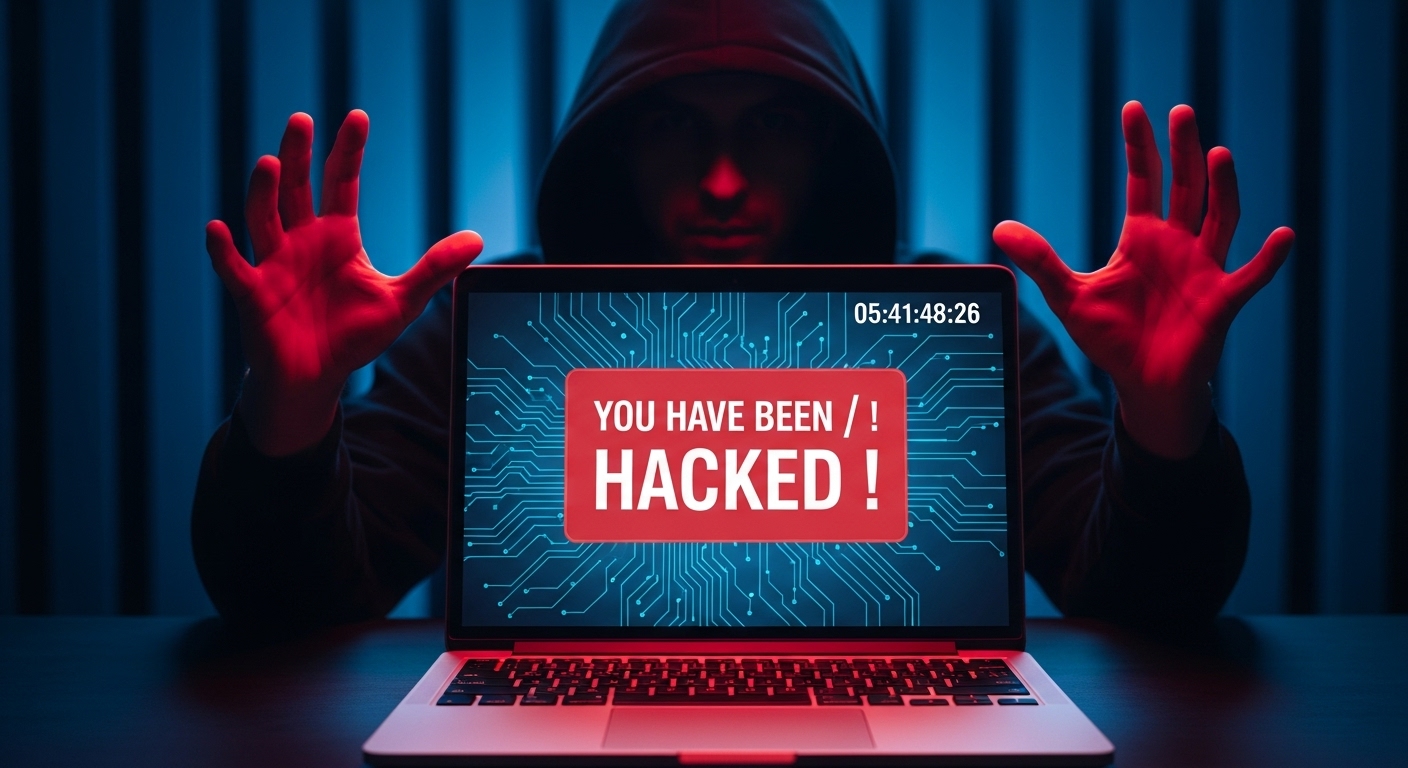 Detetive do Instagram: Como funciona esse Site que Garante Revelar quem viu seu Perfil 2 Um hacker sombrio manipulando um laptop, com uma mensagem vermelha na tela dizendo "YOU HAVE BEEN HACKED!" (Você foi hackeado!). Um alerta sobre os riscos digitais que um detetive do Instagram pode ajudar a prevenir, investigando contas suspeitas e atividades maliciosas.
