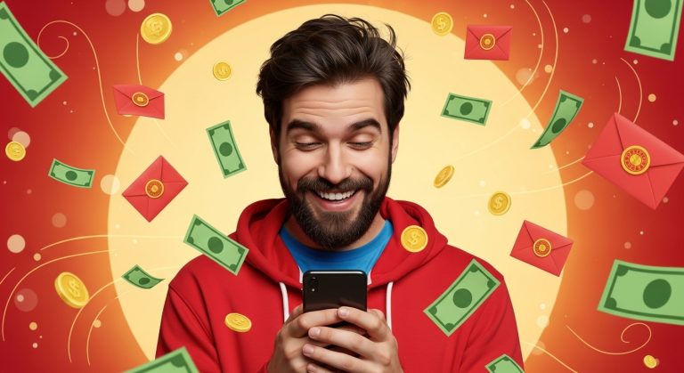 Ilustração de um homem sorridente usando o celular, enquanto dinheiro flutua ao seu redor, simbolizando sucesso financeiro. A imagem reflete o impacto positivo de estratégias digitais, como comprar seguidores, no crescimento online e na monetização.