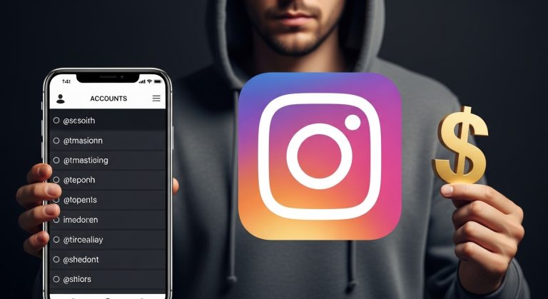 Ilustração de uma figura segurando um ícone do Instagram com um símbolo de cifrão ao lado de um celular exibindo várias contas, representando a prática de comprar conta Instagram para acelerar o crescimento nas redes sociais.