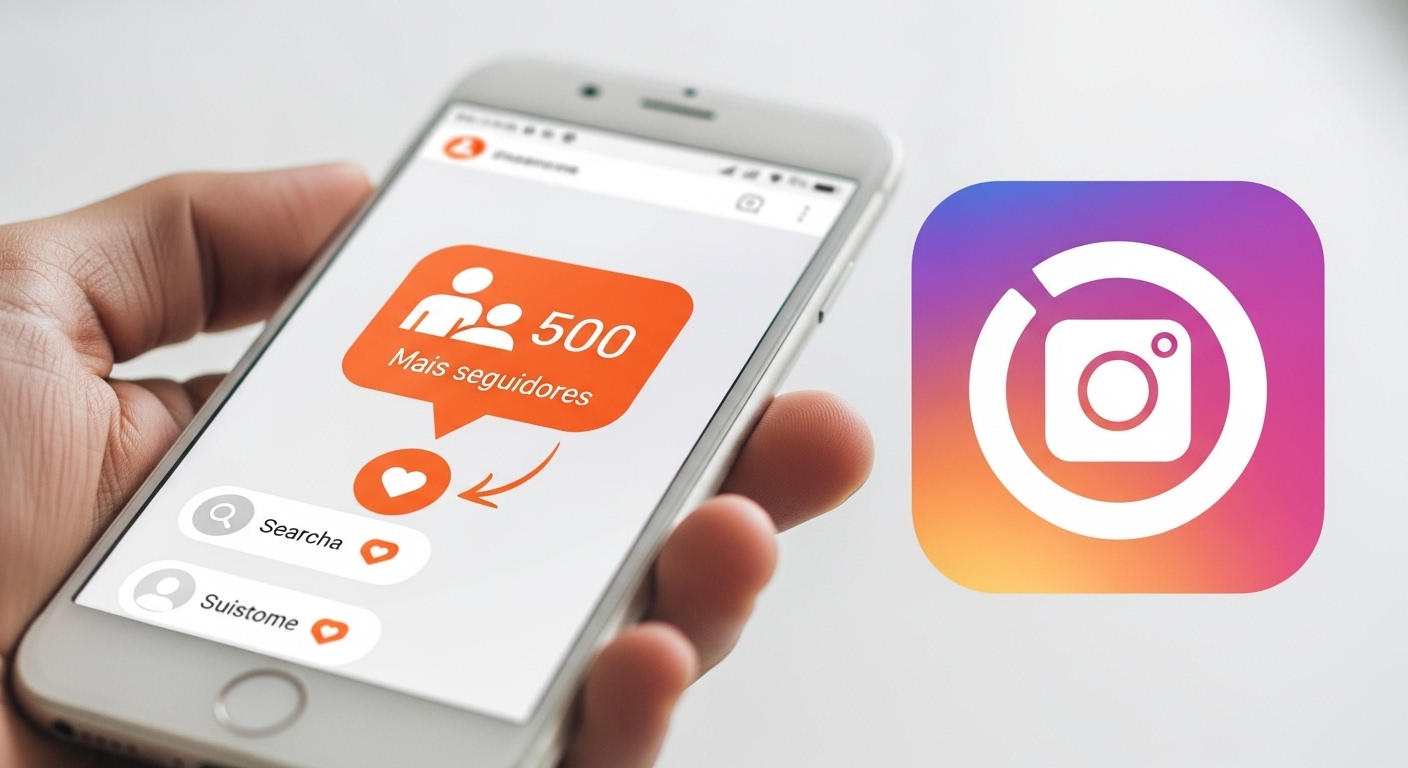 Pessoa segurando um smartphone exibindo uma notificação de 500 novos seguidores no Instagram, simbolizando estratégias para ganhar seguidores no Instagram de forma rápida.