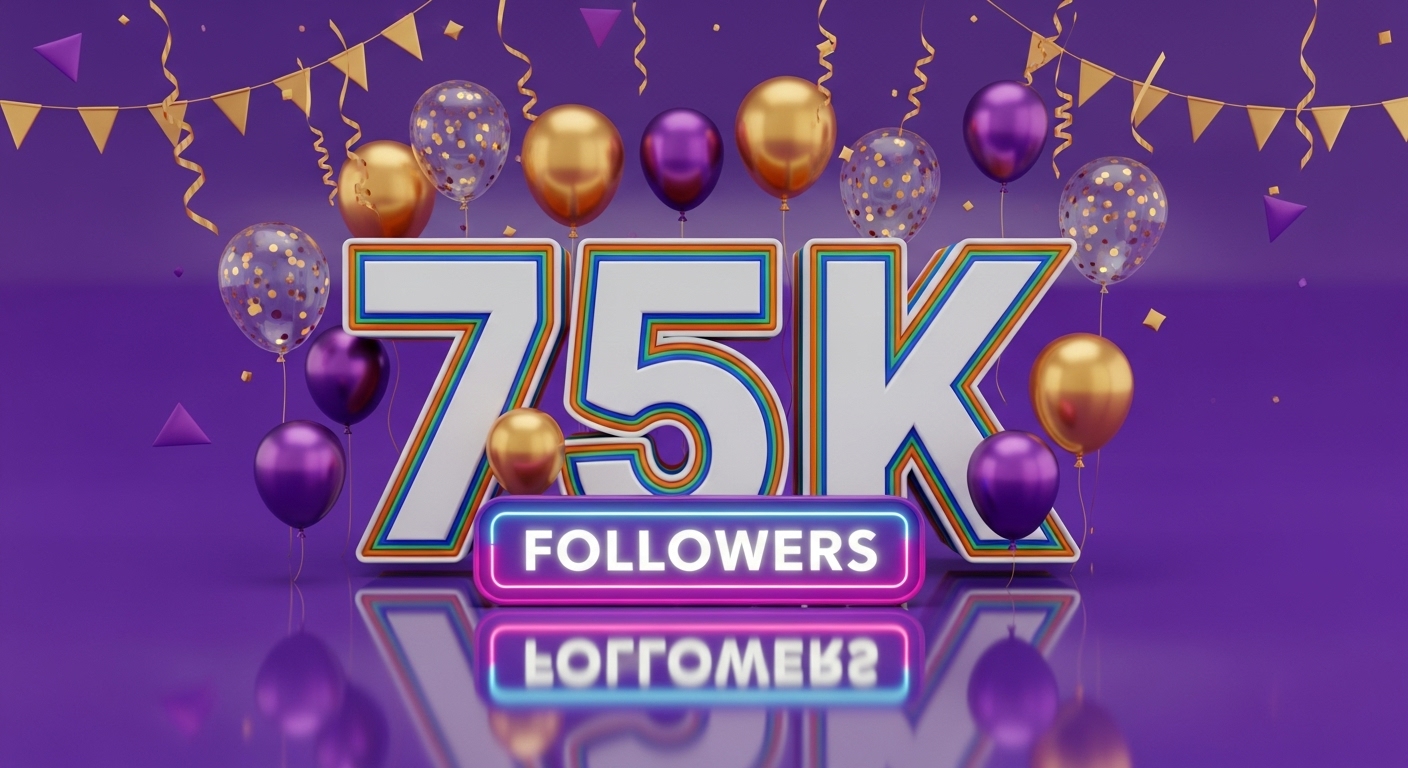 Horários Ideais para Postar e Ganhar Seguidores no Instagram: Estratégia para Impulsionar Seu Perfil 1 Um banner vibrante com balões dourados e roxos celebra a marca de 75K seguidores. O crescimento na plataforma não acontece por acaso! Aprenda as melhores estratégias para ganhar seguidores no Instagram e alcançar seus objetivos digitais.