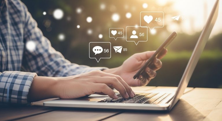 Pessoa usando smartphone e laptop, com ícones flutuantes de curtidas, seguidores e mensagens, representando engajamento digital. A cena sugere a importância da presença online e como estratégias como comprar seguidores podem impulsionar o crescimento nas redes sociais.