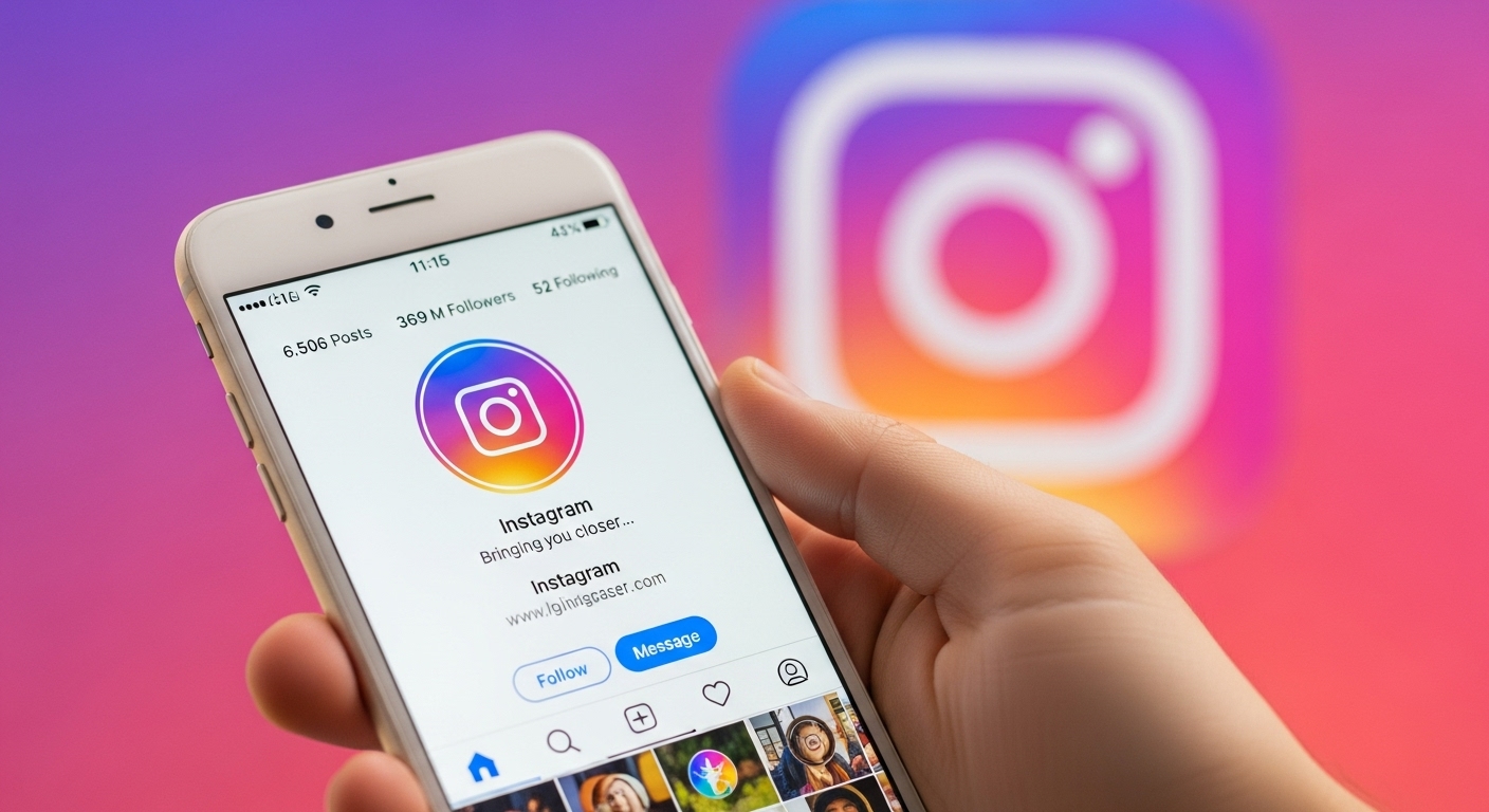 Foto de um smartphone exibindo um perfil oficial do Instagram, com milhões de seguidores. No fundo, o logotipo da rede social aparece em destaque. Essa imagem pode estar relacionada à ideia de Comprar Conta Instagram, mostrando a importância de perfis influentes com alto engajamento.