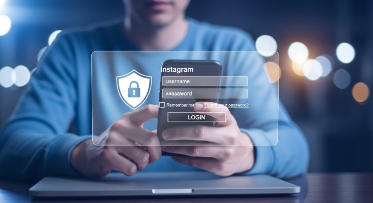 Pessoa segurando um smartphone com uma interface de login segura na tela, destacando a importância da segurança do Instagram para proteger contas contra acessos não autorizados e ataques cibernéticos.