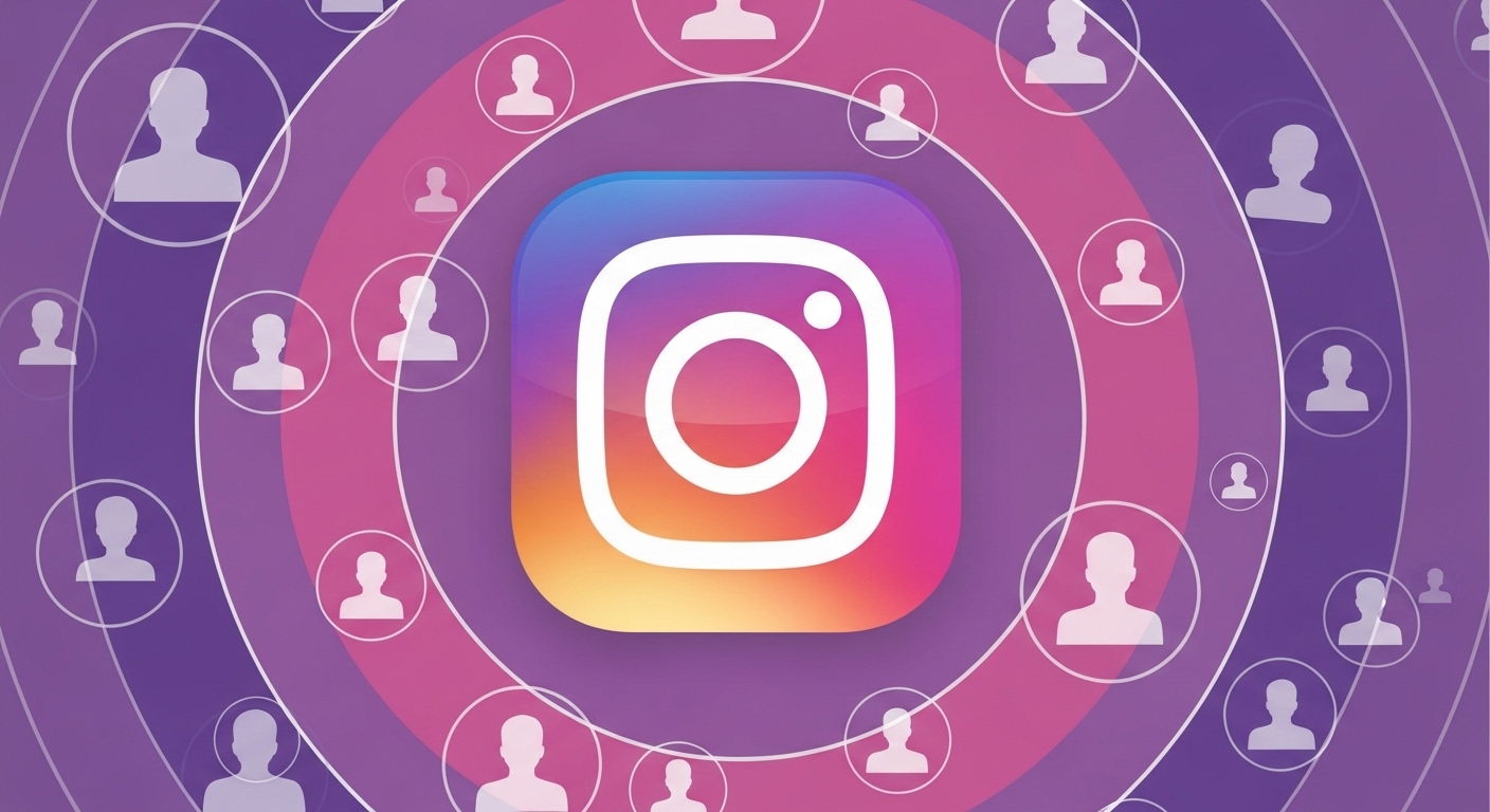  Ilustração do logotipo do Instagram no centro de um fundo roxo com ícones de seguidores distribuídos ao redor, representando o crescimento da conta. O conceito visual sugere estratégias para Comprar Conta Instagram e aumentar a base de seguidores rapidamente.
