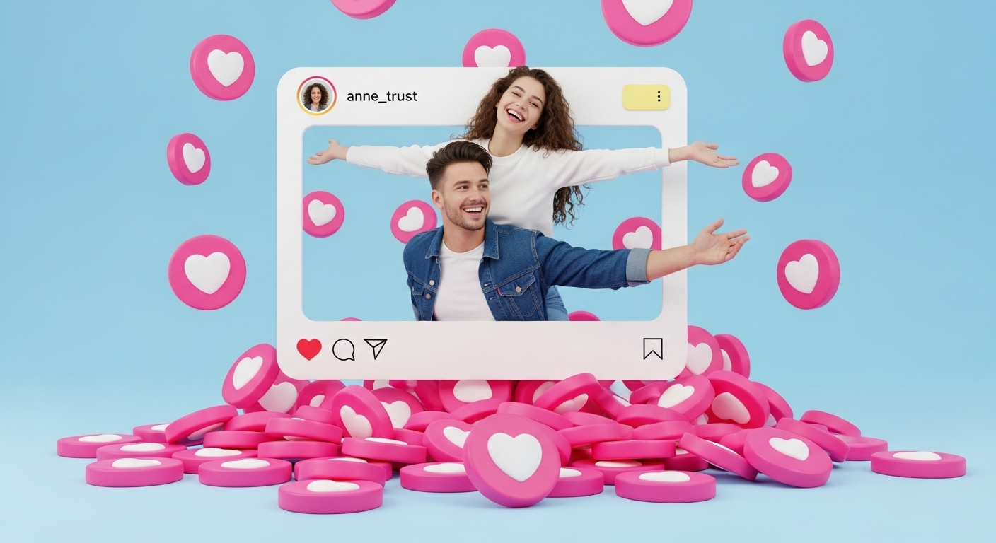 Um casal sorridente aparece dentro de um post do Instagram, cercado por uma chuva de ícones de curtidas. A imagem ilustra o impacto positivo da interação nas redes sociais, mostrando como comprar seguidores pode aumentar a visibilidade e a influência de um perfil.