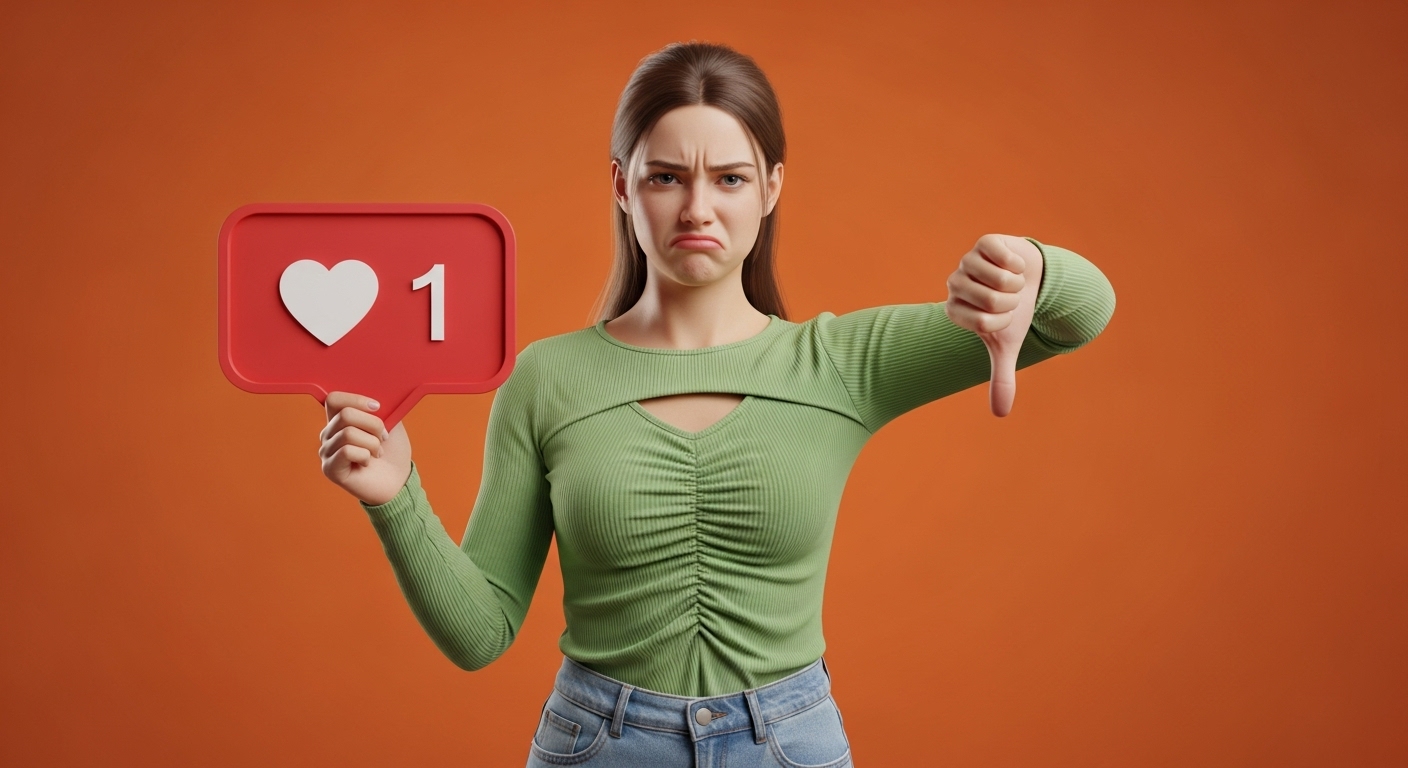 Como Conquistar 10 Mil Seguidores no Instagram: Estratégias para Atingir Seu Objetivo 1 Uma jovem de blusa verde segura um cartaz vermelho com um ícone de coração e o número "1", demonstrando insatisfação ao dar um sinal de negativo com a outra mão. A cena contrasta com o desejo de alcançar 10 mil seguidores no Instagram, mostrando a frustração de ter pouca interação na plataforma.