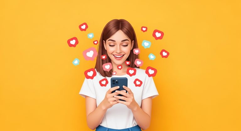 Jovem sorrindo enquanto usa o celular cercada por vários corações, representando o crescimento rápido nas redes sociais ao comprar seguidores barato.