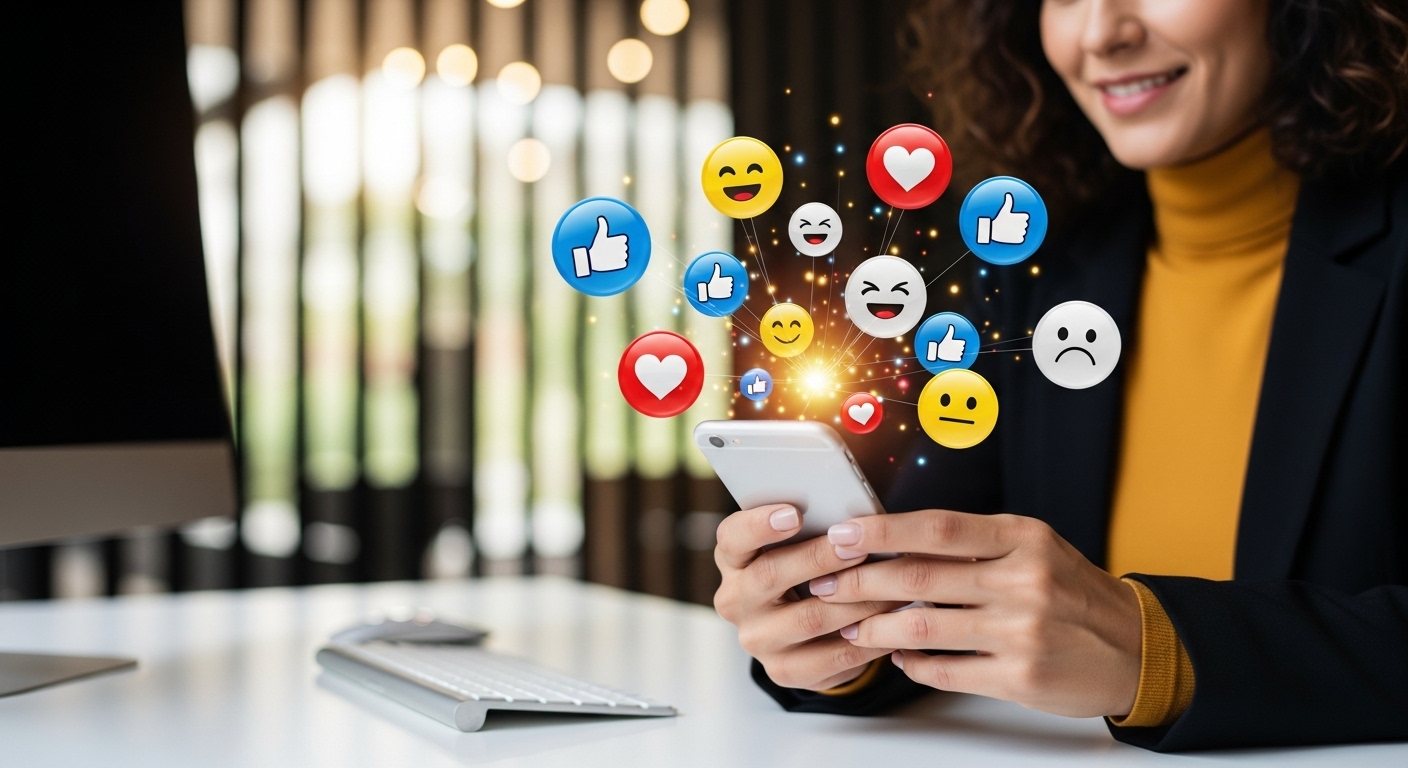10 Dicas Infalíveis para Ganhar Seguidores no Instagram: Aumente Sua Audiência de Forma Estratégica e Eficaz 3 Uma mulher sorrindo enquanto usa seu smartphone, cercada por emojis e reações digitais flutuando ao redor. A imagem representa a importância do engajamento para crescer nas redes sociais. Quanto mais curtidas e interações, maior a chance de ganhar seguidores no Instagram de forma orgânica e sustentável.