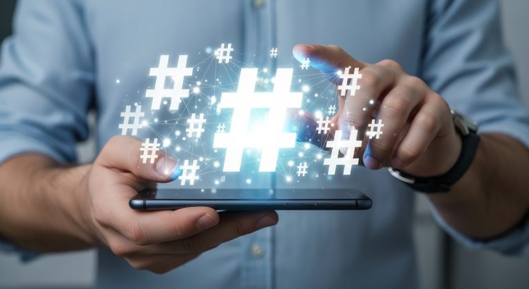 Imagem de um homem segurando um celular, com diversos ícones de hashtags saindo da tela, representando o impacto das redes sociais. Para quem busca crescer online, estratégias como engajamento orgânico e até mesmo comprar seguidores podem ajudar a ampliar o alcance e a visibilidade do perfil.
