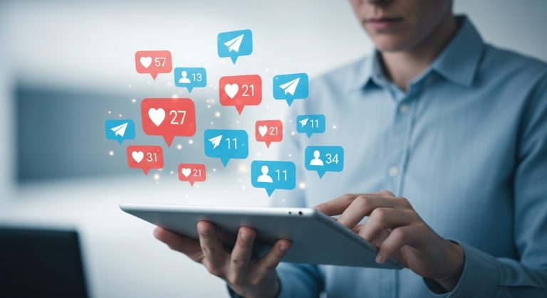 Pessoa utilizando um tablet com diversas notificações de curtidas, seguidores e mensagens, representando o impacto de estratégias para comprar seguidores e aumentar a presença nas redes sociais.