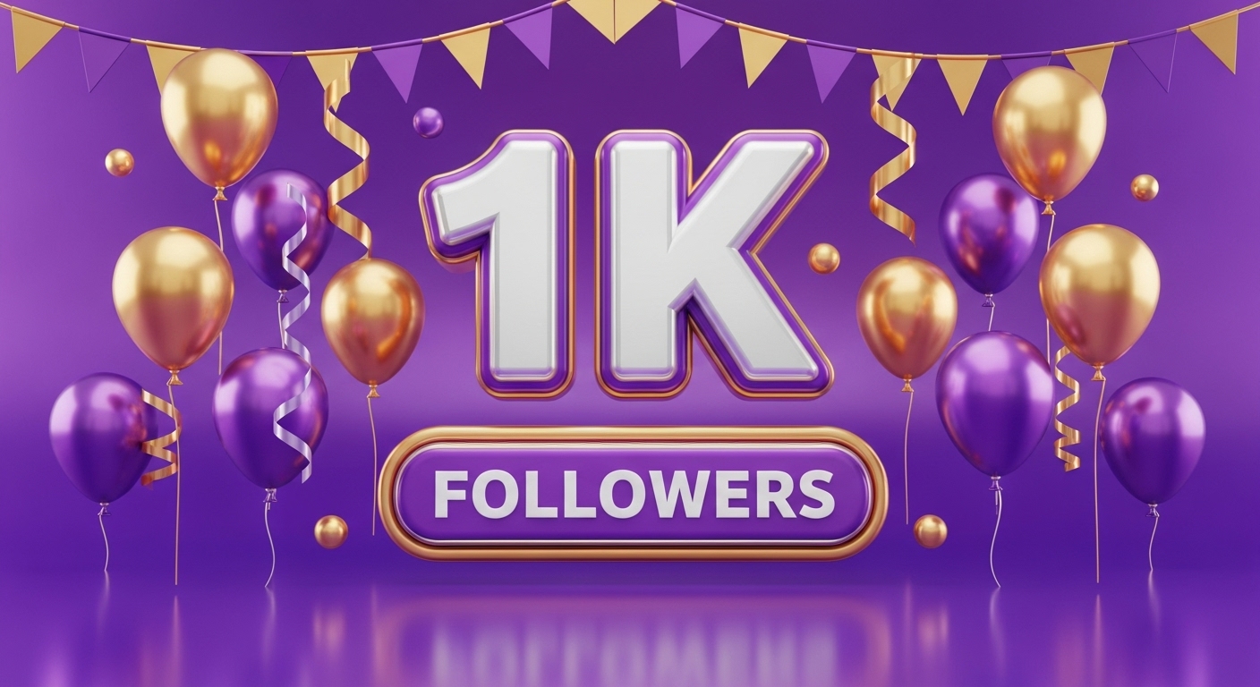 10 Dicas Infalíveis para Ganhar Seguidores no Instagram: Aumente Sua Audiência de Forma Estratégica e Eficaz 2 Um design vibrante destacando "1K FOLLOWERS", cercado por balões dourados e roxos, transmitindo a sensação de conquista. Chegar a mil seguidores é um grande marco para qualquer perfil, e há diversas estratégias para ganhar seguidores no Instagram e alcançar esse número ainda mais rápido.