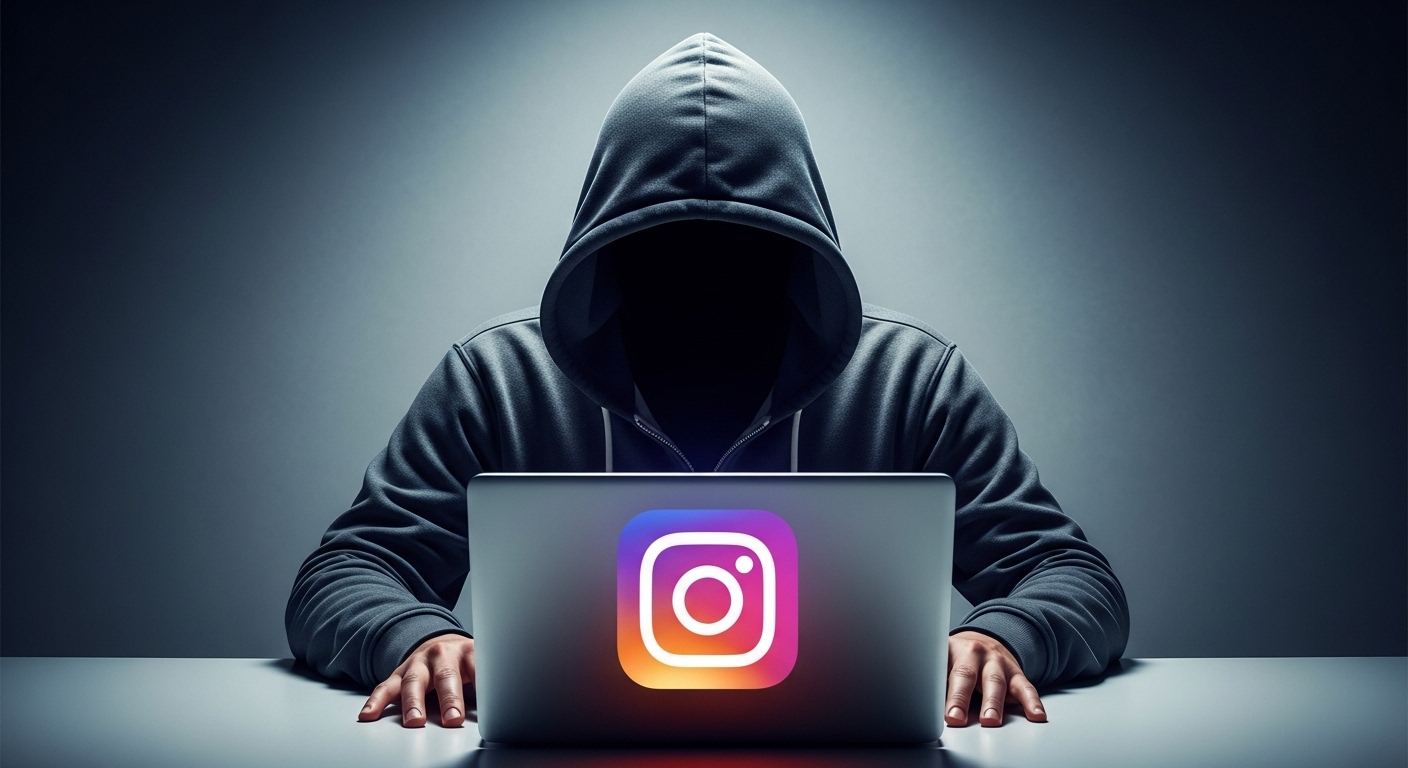Descubra Agora Mesmo Como Aumentar a Segurança do Instagram 3 Representação de um hacker encapuzado usando um notebook com o logotipo do Instagram. O rosto está oculto, criando uma sensação de ameaça cibernética. "Como Aumentar a Segurança do Instagram: Evite golpes e invasões protegendo seu login contra hackers e acessos suspeitos.