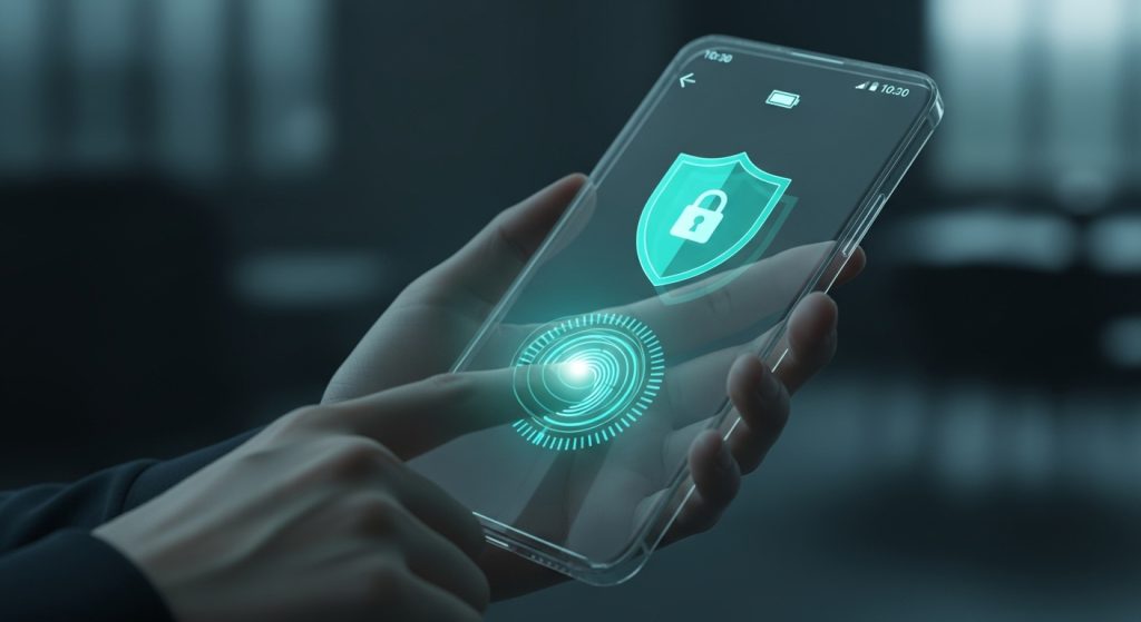 Uma mão segura um celular futurista e interage com uma interface holográfica de segurança digital, destacando um ícone de cadeado. Esse conceito reforça a importância de medidas avançadas sobre como aumentar a segurança do Instagram, garantindo proteção contra acessos não autorizados.