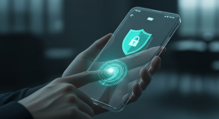 Uma mão segura um celular futurista e interage com uma interface holográfica de segurança digital, destacando um ícone de cadeado. Esse conceito reforça a importância de medidas avançadas sobre como aumentar a segurança do Instagram, garantindo proteção contra acessos não autorizados.