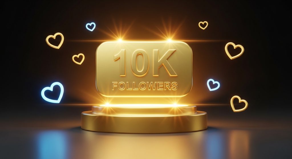 Uma placa dourada e brilhante exibe o texto "10K FOLLOWERS" sobre uma base iluminada, simbolizando o marco de conquistar 10 mil seguidores no Instagram. Corações azuis e dourados flutuam ao redor, reforçando o engajamento e a popularidade nas redes sociais.