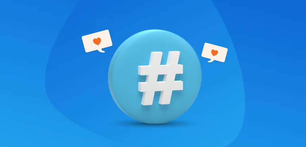 Ícone de hashtags azul em 3d com o fundo meio degradê com azul claro e forte. A ilustração simboliza a importância das hashtags para Instagram na categorização de conteúdos e na ampliação do alcance de publicações.