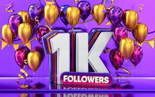 Um design vibrante destacando "1K FOLLOWERS", cercado por balões dourados e roxos, transmitindo a sensação de conquista. Chegar a mil seguidores é um grande marco para qualquer perfil, e há diversas estratégias para ganhar seguidores no Instagram e alcançar esse número ainda mais rápido.