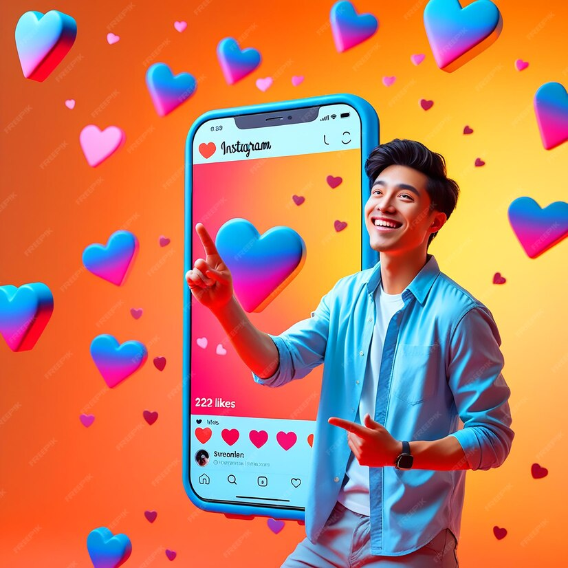 Imagem vibrante e colorida representando a alegria de ganhar seguidores no Instagram. Um jovem sorridente, vestindo uma camisa azul, aponta animado para um grande celular que exibe uma interface da rede social, repleta de curtidas e engajamento. Corações 3D flutuam ao redor, simbolizando o crescimento da popularidade e interação na plataforma. O fundo laranja e rosa dá um tom energético e moderno, remetendo ao sucesso digital e ao aumento da visibilidade online.