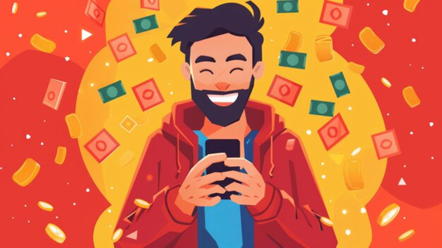 Ilustração de um homem sorridente usando o celular, enquanto dinheiro flutua ao seu redor, simbolizando sucesso financeiro. A imagem reflete o impacto positivo de estratégias digitais, como comprar seguidores, no crescimento online e na monetização.