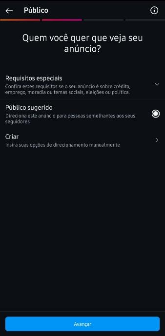Tela do gerenciador de anúncios do Instagram, onde o usuário escolhe para quem vai ser direcionado o anúncio. As opções incluem "requisitos especiais", "público sugerio" e "criar". Esse é um passo essencial para quem quer aprender como anunciar no Instagram, garantindo que a campanha tenha o direcionamento correto para atingir o público desejado.