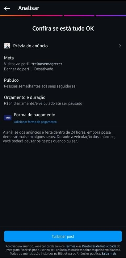 Tela do gerenciador de anúncios do Instagram, onde o usuário econfere se esta tudo ok com o post. Esse é um passo essencial para quem quer aprender como anunciar no Instagram, garantindo que a campanha tenha o direcionamento correto para atingir o público desejado.