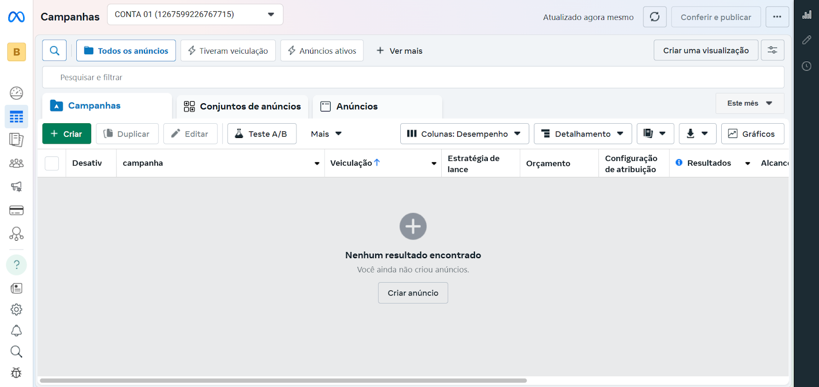 Como Anunciar no Instagram: Um Guia Completo para Alavancar Seu Negócio 7 Captura de tela do Gerenciador de Anúncios do Meta, mostrando a seção de campanhas, onde ainda não há anúncios ativos. Essa tela é essencial para quem está iniciando e quer entender como anunciar no Instagram através da plataforma oficial.