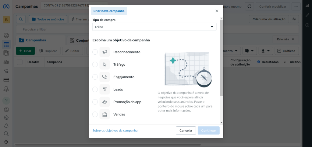 Tela do Gerenciador de Anúncios exibindo as opções para criar uma nova campanha, incluindo objetivos como reconhecimento, tráfego, engajamento, leads e vendas. Essa imagem demonstra uma etapa crucial para quem deseja saber como anunciar no Instagram de maneira estratégica e eficaz.