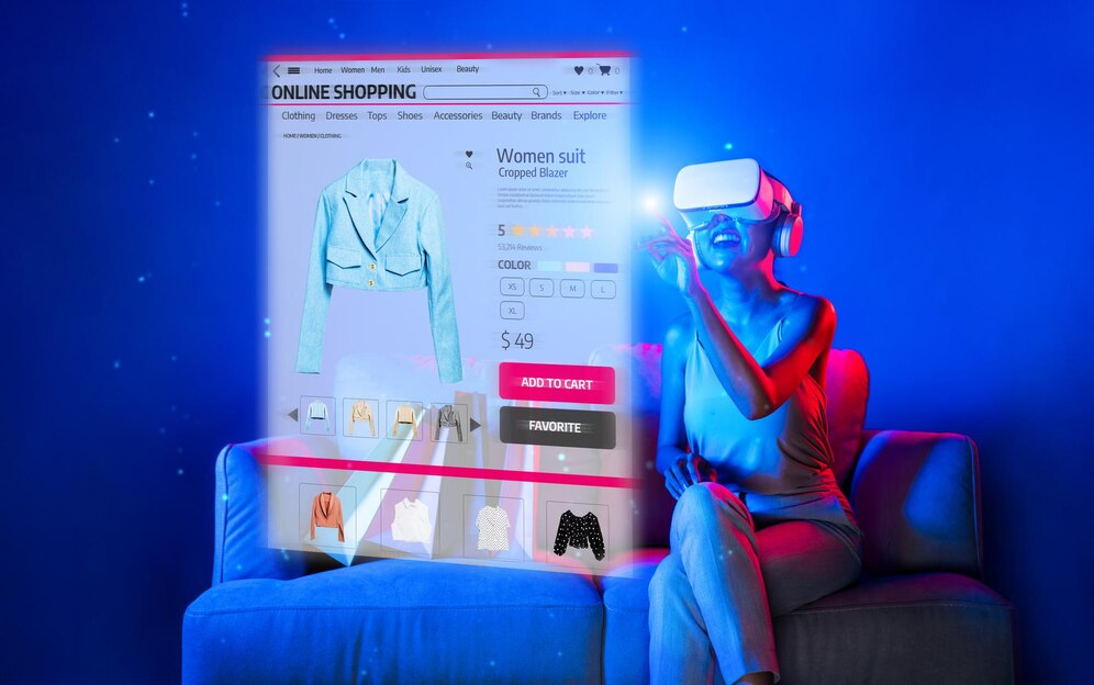 Uma mulher usando óculos de realidade virtual experimenta uma experiência de compra online imersiva, interagindo com um holograma de loja digital. A cena representa o futuro do e-commerce e a importância de estratégias inovadoras para vendas. Para quem deseja vender mais, entender como anunciar no Instagram é essencial para atrair clientes e destacar produtos no ambiente digital.