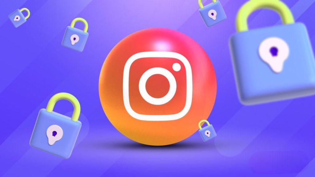 Ilustração do logotipo do Instagram cercado por cadeados, representando a segurança do Instagram e a importância da proteção de contas contra invasões e acessos não autorizados.