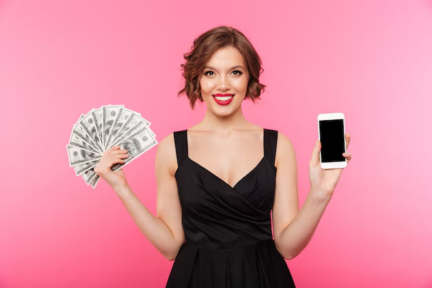 Mulher elegante em um fundo rosa vibrante segura um maço de dólares em uma mão e um smartphone na outra, simbolizando o sucesso financeiro e as possibilidades de ganhar dinheiro na internet.