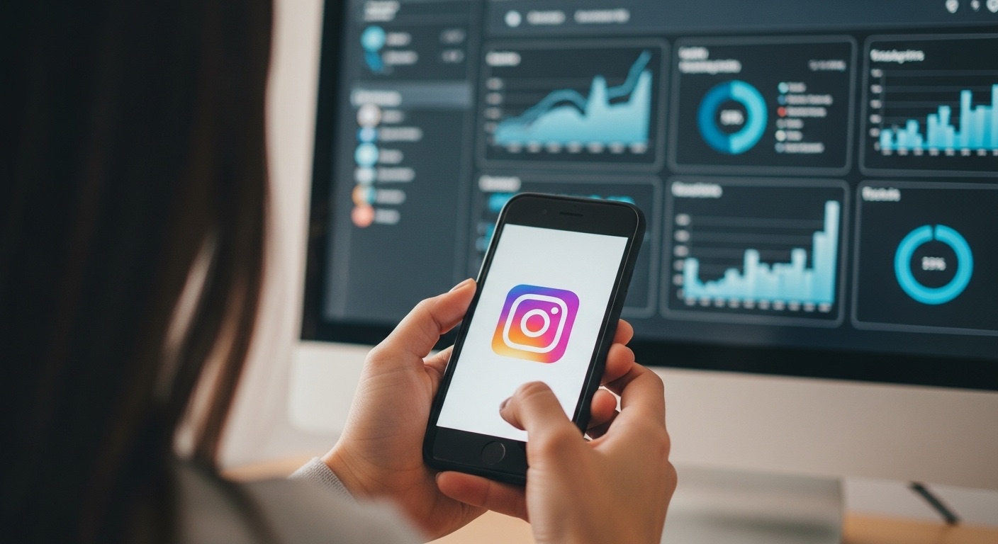 Close em mãos segurando um smartphone com o logo do Instagram, com gráficos de analytics ao fundo, sugerindo análises de estratégias como comprar seguidores para alavancar métricas de redes sociais.