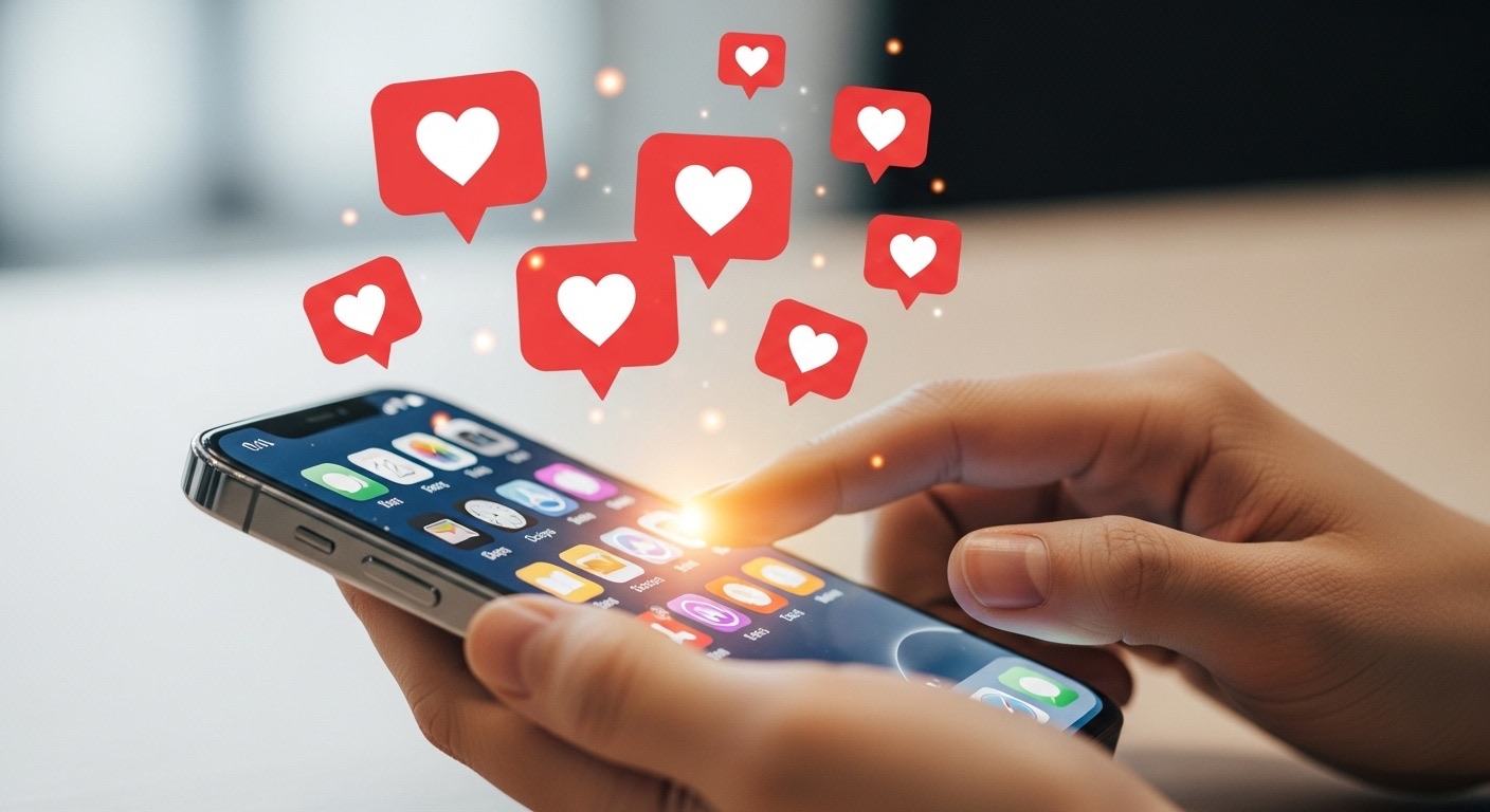 Ganhar Seguidores no Instagram: O Guia Completo de Como Aumentar Seguidores em 2025 2 Close-up de mãos segurando um smartphone com várias notificações de curtidas (representadas por ícones de coração) flutuando acima da tela, simbolizando o aumento de engajamento. Esta imagem ilustra o resultado imediato de estratégias eficazes para Ganhar Seguidores no Instagram, onde o engajamento através de curtidas é um indicador importante de crescimento na plataforma.