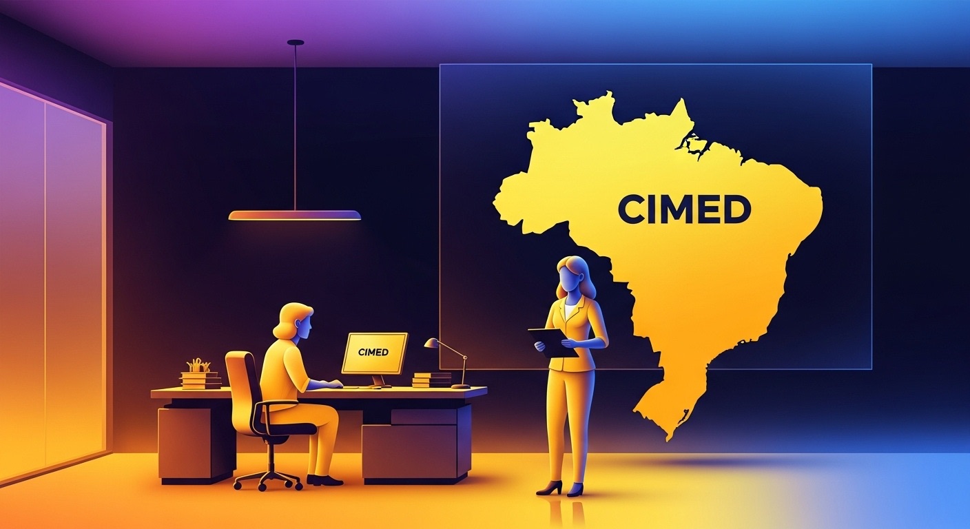 Escritório da CIMED com dois funcionários vestidos de amarelo em frente a um mapa do Brasil em amarelo, representando como empresas podem expandir sua visibilidade digital ao comprar seguidores para alcançar maior reconhecimento nacional.