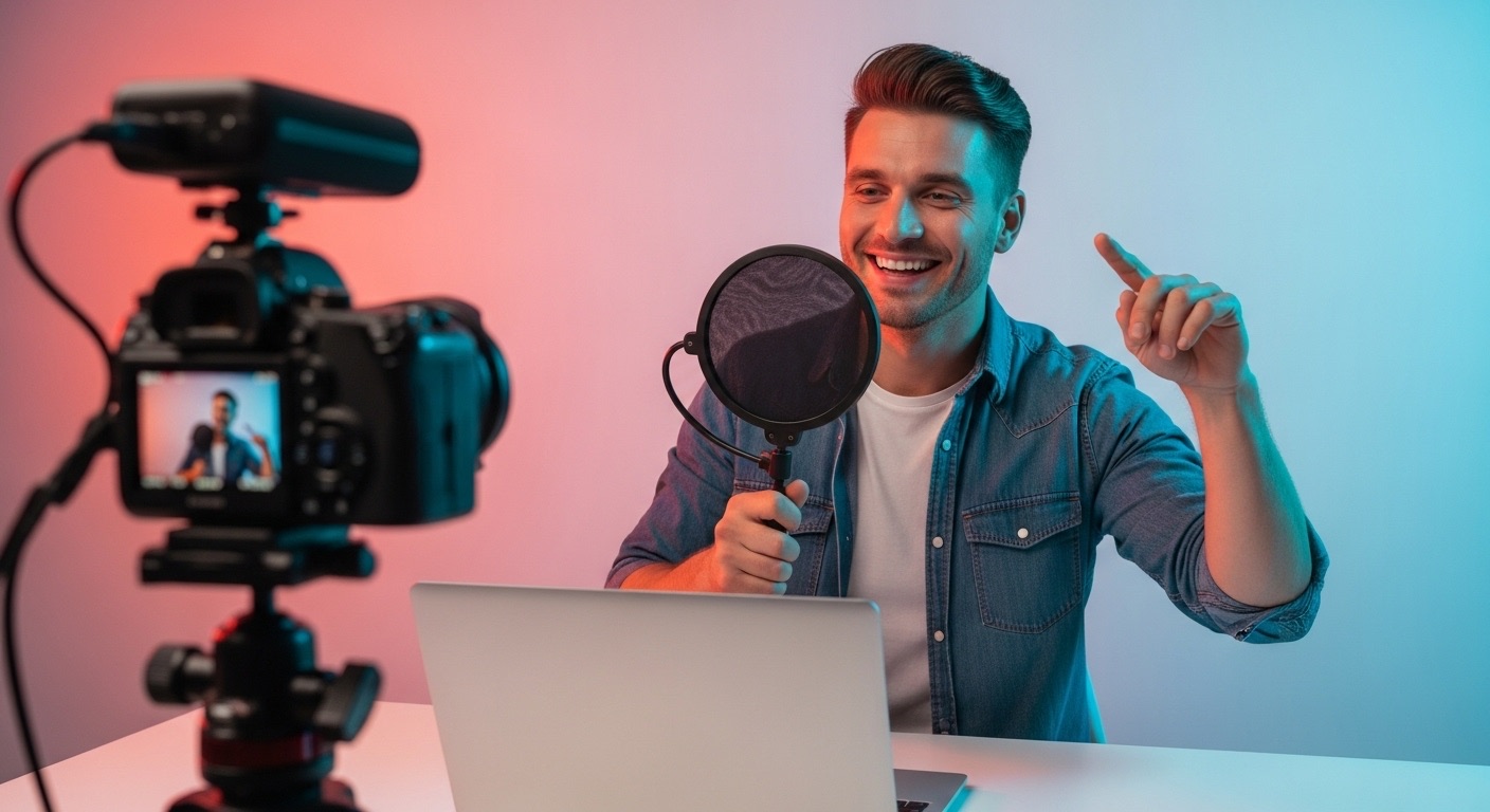 Ganhar Seguidores no Instagram: O Guia Completo de Como Aumentar Seguidores em 2025 7 Homem sorridente gravando conteúdo em um setup profissional com iluminação colorida, câmera e laptop. Produzir vídeos com qualidade é uma estratégia eficaz para Ganhar Seguidores no Instagram, especialmente com o crescimento do Reels e conteúdos em vídeo.