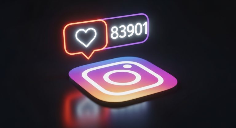 Ícones neon brilhantes de curtidas e interações do instagram em uma superfície escura, simbolizando como conseguir seguidores no instagram