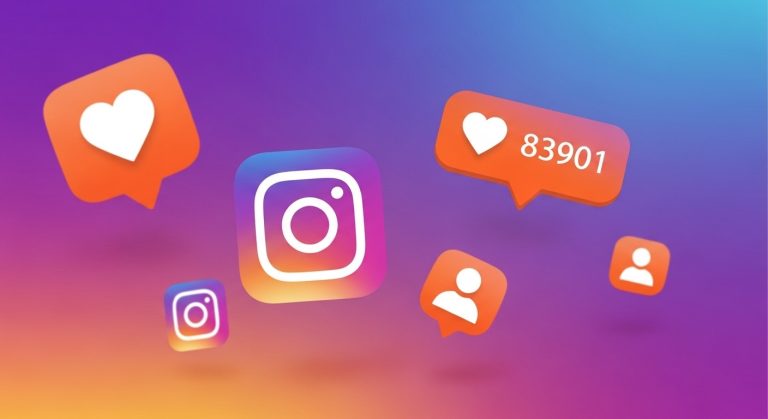 Ilustração abstrata com ícones do Instagram, notificações de curtidas e novos seguidores flutuando sobre um fundo roxo vibrante. Representa o impacto da compra de seguidores para aumentar o engajamento e a popularidade nas redes sociais.