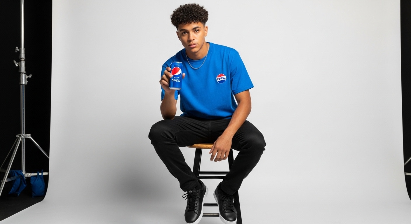 Jovem sentado em um banqueta segurando uma lata de Pepsi, com um fundo de estúdio, simbolizando como marcas e criadores de conteúdo podem usar estratégias como comprar seguidores para expandir seu alcance digital