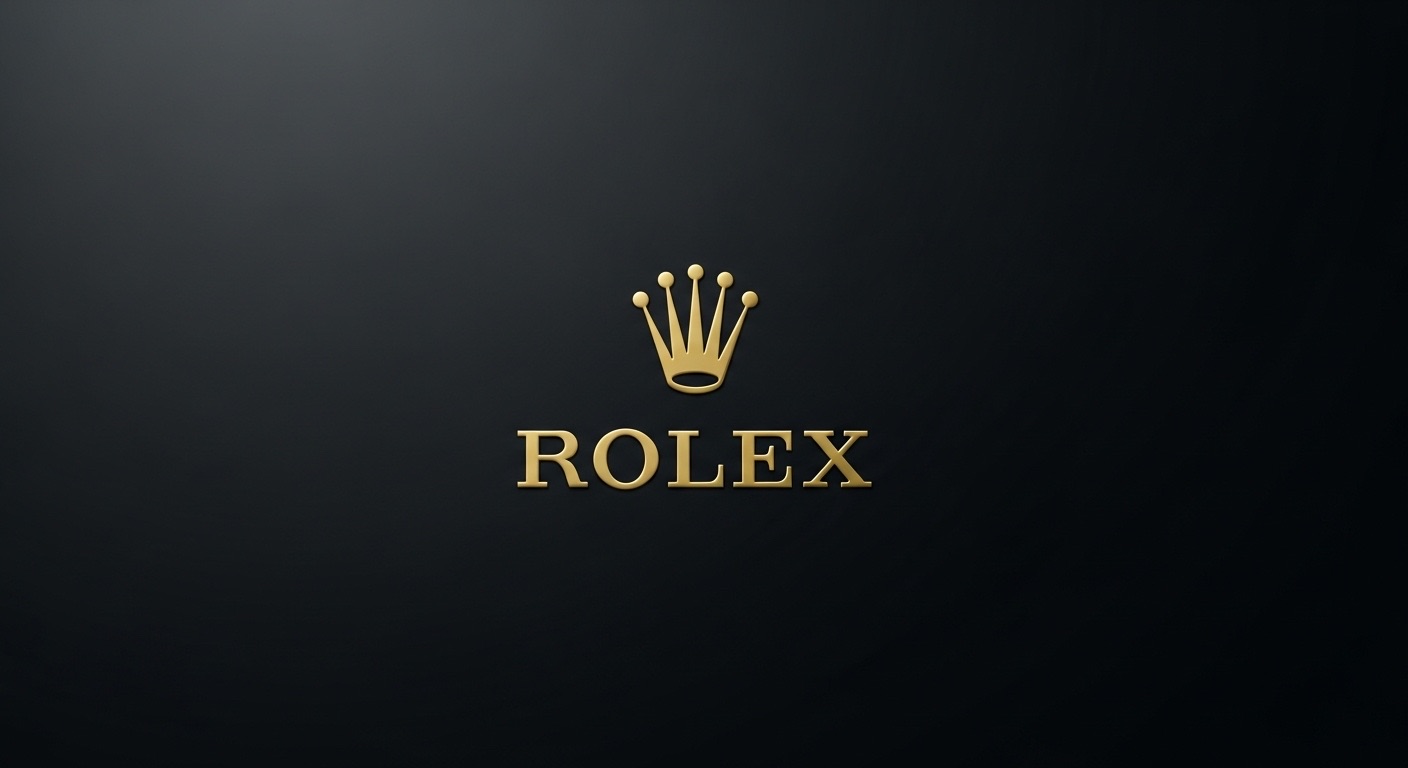 Logo da Rolex com coroa dourada em fundo escuro com padrões ornamentais, simbolizando status e prestígio - conceitos que podem ser reforçados ao comprar seguidores para aumentar visibilidade de marcas de luxo.