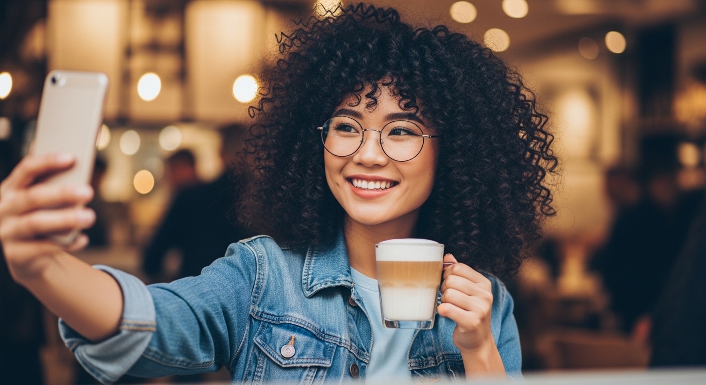 Ganhar Seguidores no Instagram: O Guia Completo de Como Aumentar Seguidores em 2025 6 Mulher jovem com cabelo cacheado e óculos redondos tirando uma selfie enquanto toma café. Este tipo de conteúdo autêntico e casual é perfeito para Ganhar Seguidores no Instagram, pois transmite naturalidade e momentos do cotidiano que geram identificação.
