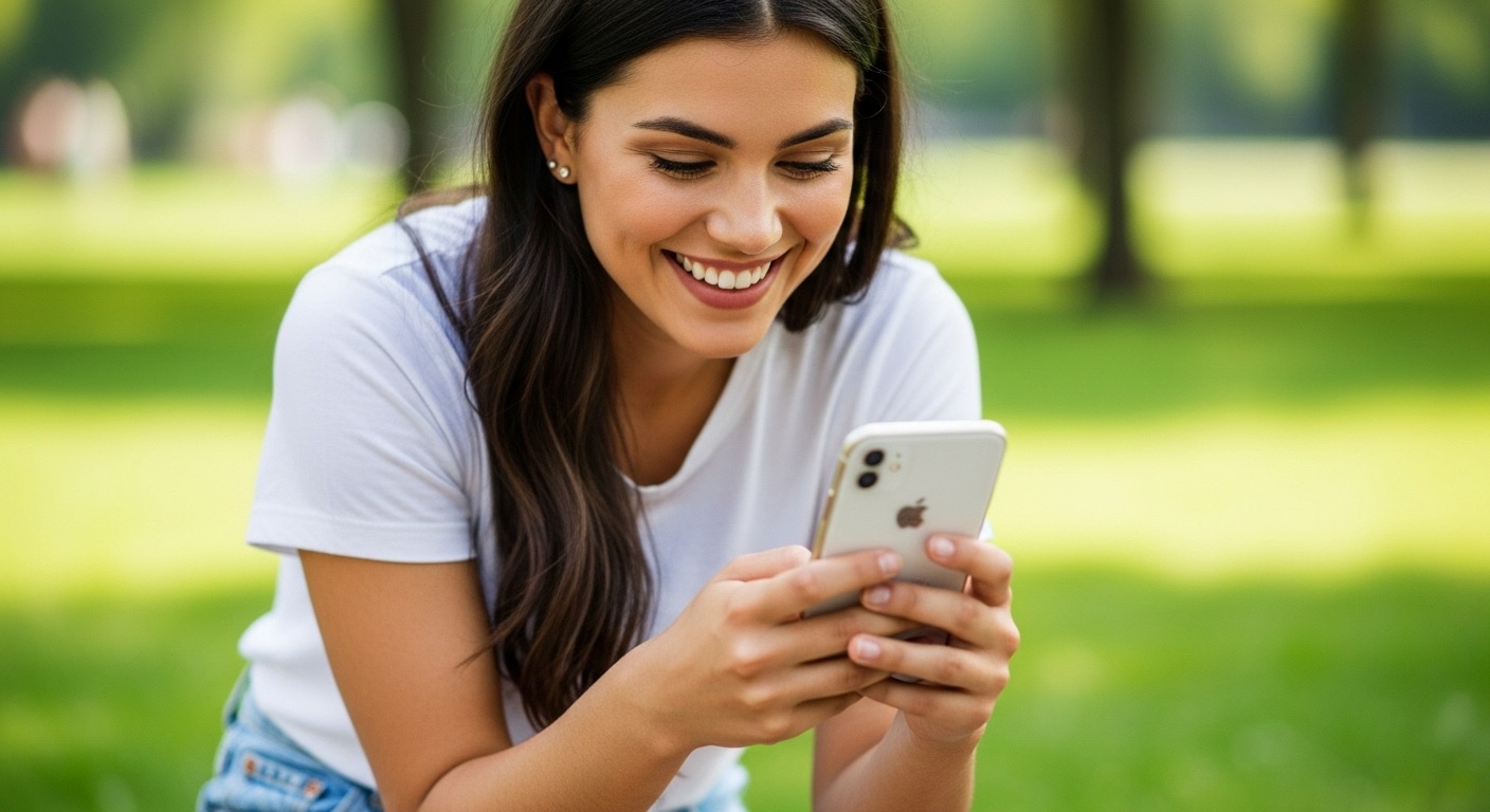 Mulher sorridente usando iphone, ilustrando como estratégias como comprar seguidores podem conectar marcas com público-alvo de forma instantânea e envolvente.