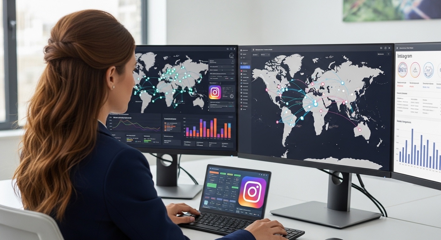 Ganhar Seguidores no Instagram: O Guia Completo de Como Aumentar Seguidores em 2025 1 Profissional de marketing digital analisando dados do Instagram em múltiplos monitores com interface futurista. A tela exibe um mapa global de conexões, gráficos de crescimento e ícones de redes sociais, representando ferramentas avançadas para Ganhar Seguidores no Instagram através de estratégias de análise de dados e alcance internacional.