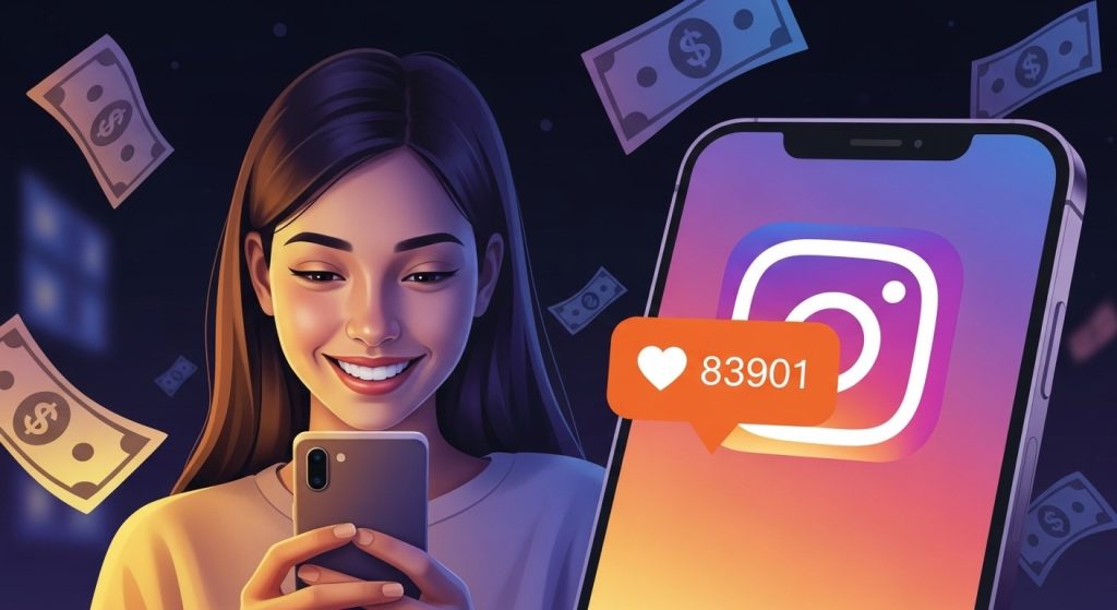 Uma jovem sorridente usa seu smartphone à noite, enquanto notas de dinheiro digitais flutuam ao seu redor, representando oportunidades de como ganhar dinheiro na internet.