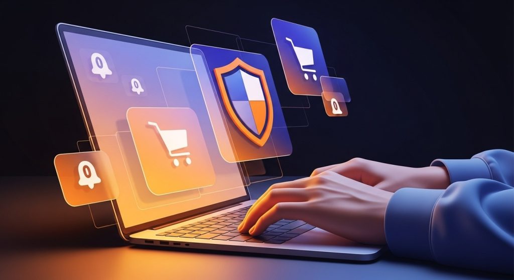 Uma pessoa digitando em um laptop enquanto interage com ícones de carrinho de compras e segurança, simbolizando um ambiente de compras online. A imagem pode ser relacionada a ações como comprar seguidores em plataformas digitais.