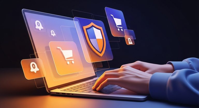 Uma pessoa digitando em um laptop enquanto interage com ícones de carrinho de compras e segurança, simbolizando um ambiente de compras online. A imagem pode ser relacionada a ações como comprar seguidores em plataformas digitais.